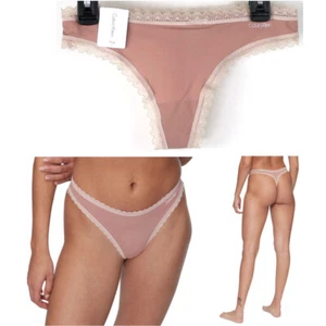 Calvin Klein Flirty Lace Trim Thong Subdued Ivory Size S QD3705 New - Picture 1 of 3