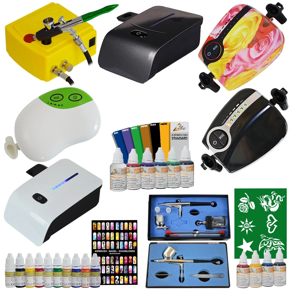 AIRBRUSH KOMPRESSOR SET KOMPLETT AIRBRUSHKOMPRESSOR PISTOLE FARBEN NAIL ART KIT - Bild 1 von 1