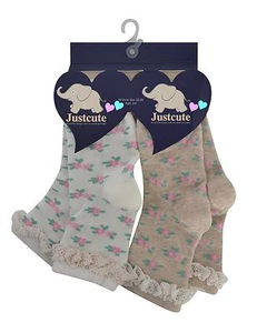 Girls lacy socks floral & lacy trim neutral colours  90% COTTON rich 2 pairs  - Picture 1 of 2