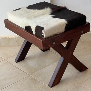Black And White Cowhide Ottoman X Leg Stool - Picture 1 of 13