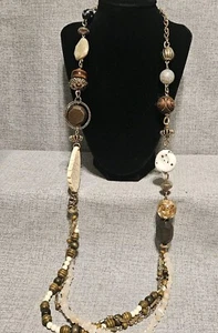 36" Boho Style Earth Tones Beaded Wood Glass Stone Silver Tone Necklace - Picture 1 of 11