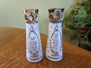 VTG Religious White Glass Salt & Pepper Shakers Set Jesus Mary Gold Prayers - Picture 1 of 9