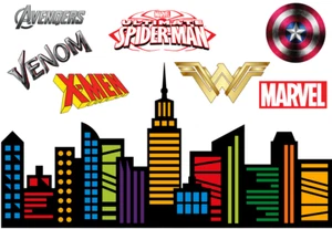 🍰Comic Superhero City Skyline🍰 Edible Cake Topper Batman Avengers A4 - Picture 1 of 1
