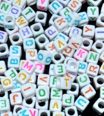AAA alphabet COLOURFUL letter beads, 6 mm, white cube,  mixed & single  A, B...Z - Image 1 of 3