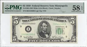 1950 $5 MINNEAPOLIS FRN. PMG Choice About Uncirculated 58 EPQ Banknote. WIDE I - Picture 1 of 2