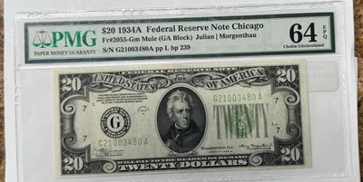 1934A $20 Federal Reserve Note DALLAS  LGS Light Lime Green Seal PMG 64 EPQ - Image 1 of 2
