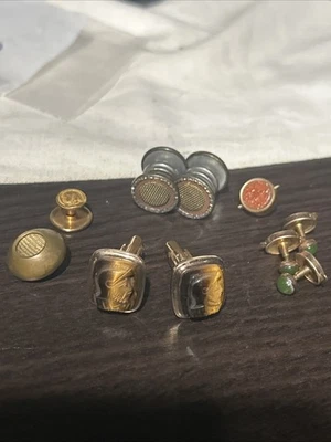 Vintage Lot 10pc Tigers Eye Genuine Stone Gold Fill Cufflinks Shirt Studs Button - Image 1 of 4