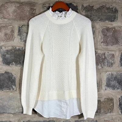 NWT Loft Cream Knit Ruffle Mock Neck Layered Look Sweater Women's Size Medium - Image 1 of 4