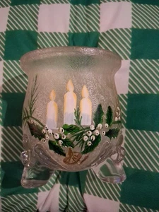 Vtg Heavy Crystal Crackle Frosted Glass Candle Holder 3-Footed Angel Christmas  - Picture 1 of 14