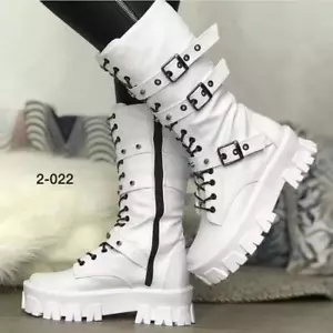 Hot Womens Biker Boots Shoes Rider Lace Up Zip Mid Calf Punk Goth Chunky Heel& - Picture 1 of 19