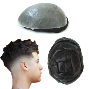 Mens Human Hair Replacement System Unit 0.08 Thin Skin Knotted Toupee Hair Piece - Picture 1 of 16