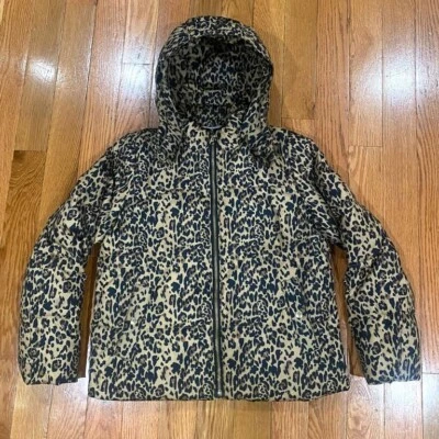 Chaqueta acolchada J Crew para mujer talla M con estampado de leopardo negra tostada cremallera completa Primaloft Foto 1 de 4
