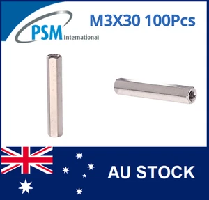 M3 X 30 PSM SPACER HEX FEMALE / FEMALE BRASS NICKEL PLATED SPA01BM330MM 100PCS - Imagen 1 de 5