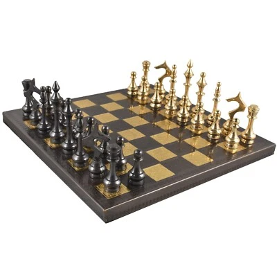 Soviet Brass Metal Luxury Chess Pieces & Board Set - 12" - Steel Grey & Gold - Image 1 of 4