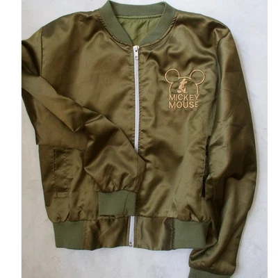缎质刺绣米老鼠轰炸机夹克女式 S 罕见 One-Of-A-Kind 迪士尼 — 第 1/4 张图片