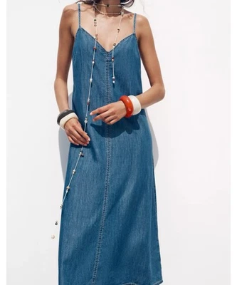 Zara Denim Maxi Dress Spaghetti Strap Large A-line Party Boho - Image 1 of 4