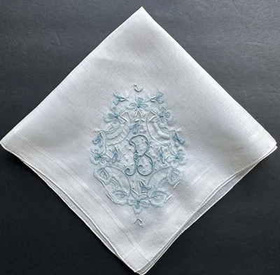 A+ Vintage Blanco Hankie Madeira Estilo Bordado Azul Monograma H Boda Novia Foto 1 de 4