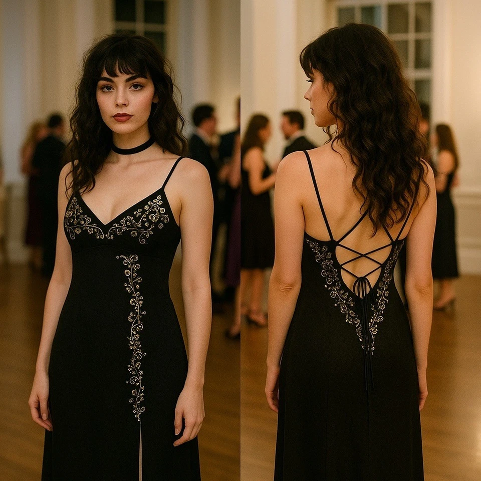 Whimsigoth праздник Новый год канун Babydoll гламурный Y2K вырез черный бисер 9/10 платье - Изображение 1 из 4