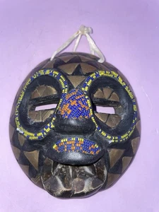 Tribal Mask African Hand Carved Wooden Bead Shell Inlay Art - Picture 1 of 3