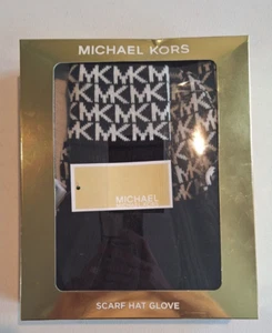 MICHAEL KORS BLACK/WHITE 3 PIECE HAT, SCARF AND GLOVES 539240C NEW - Picture 1 of 6