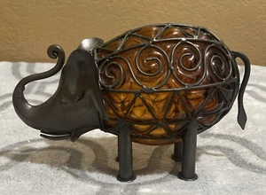 Vintage Elephant Trunk Up Rustic Metal and Amber Caged Glass Shelf Statue - Picture 1 of 11