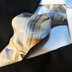 CALVIN KLEIN Yellow Gray Silver Plaid Silk Woven Skinny Necktie 60"L x 3.25"W - Picture 1 of 12