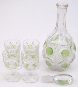 EAPG Newport 4X Goblets & Decanter Glass Bull's Eye & Daisy Green Stain - Picture 1 of 3