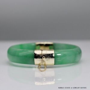 Hinged Bangle Bracelet Meas. 15mm Size 8 57.2g Base Metal & Type C Green Jade