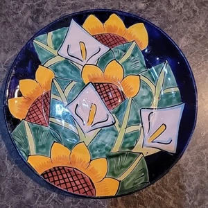 Mexico cala Lily sunflower indigo blue hand painted wall Talavera pottery plate - Picture 1 of 13