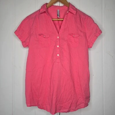 Old Navy Coral Pink Linen Shirt Womens LG Vneck Button Front Pocket Short Sleeve - Image 1 of 4