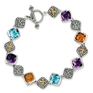 Multi Gemstone 8.25" Tennis Bracelet Sterling Silver & 14K Accent Shey Couture