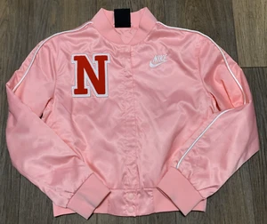 Nike Girl's Varsity Letterman Jacket M Pink Satin Logo BV2748-697 - Picture 1 of 12
