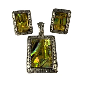 Vintage Silver Tone Pendant & Earrings Set Iridescent Abalone Shell Insets - Picture 1 of 18