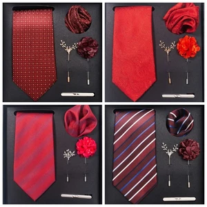 Red Necktie,Tie Clip,Hanky,Brooch,Corsage,Cufflinks 6pc Set Exclusive with Box - Bild 1 von 10