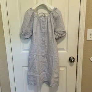 Neu mit Etikett J Crew Leinenkleid Knopfleiste vorne und Schnürung hinten Gingham hellblau Größe 0 - Bild 1 von 5