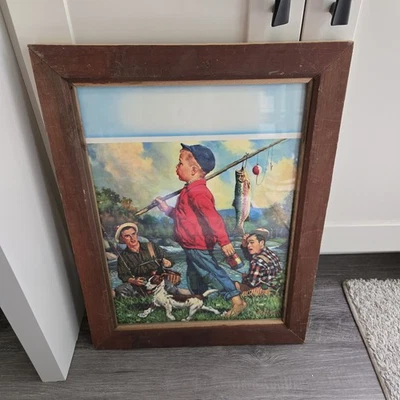 De colección. Impresión artística enmarcada de la década de 1950 SUERTE HUMORÍSTICA PESCA DE TRUCHAS por Kernan Foto 1 de 4