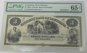 1860 $3 Dollar bill Grade 65 PMG NOLA NEW ORLEANS LOUISIANNA GEM UNCIRCULATED LG - Picture 1 of 10