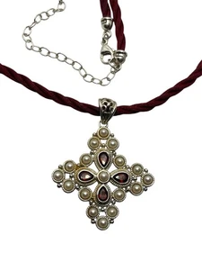Ross- Simons pearl & red stone cross pendant on burgundy rope necklace  - Picture 1 of 16