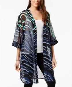 ALFANI blau grün Chiffon Zebra Print Indigo Palmen Jacke Kimono Neu mit Etikett S/M - Bild 1 von 6