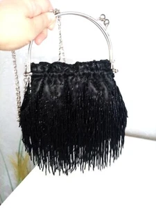 Black beaded evening bag with fringes - Picture 1 of 6