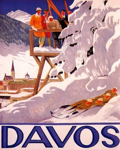 POSTER DAVOS SWISS ALPS WINTER SPORTS SKI SKIING BOBSLED VINTAGE REPRO FREE SH - Picture 1 of 1