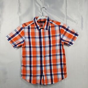 Wrangler Button Up Plaid Shirt Orange Navy Blue White 1 Pckt Youth Sz L (10/12)