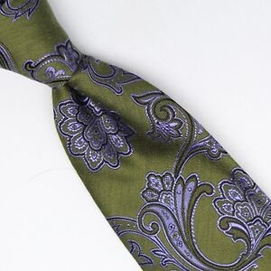 Josiah France Mens Wool Silk Necktie Green Blue Paisley Brocade Woven Tie Italy