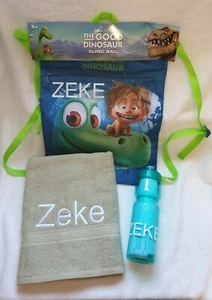 BNWT Custom Bundle Good Dino Sling Bag Green Towel Drink Bottle Personalised - Picture 1 of 4