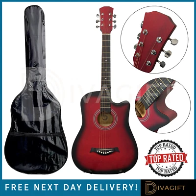 RED ACOUSTIC GUITAR CUTAWAY HARDWOOD FINISH STEEL STRINGS NEW 38 INCH ADULT SIZE - Image 1 of 4