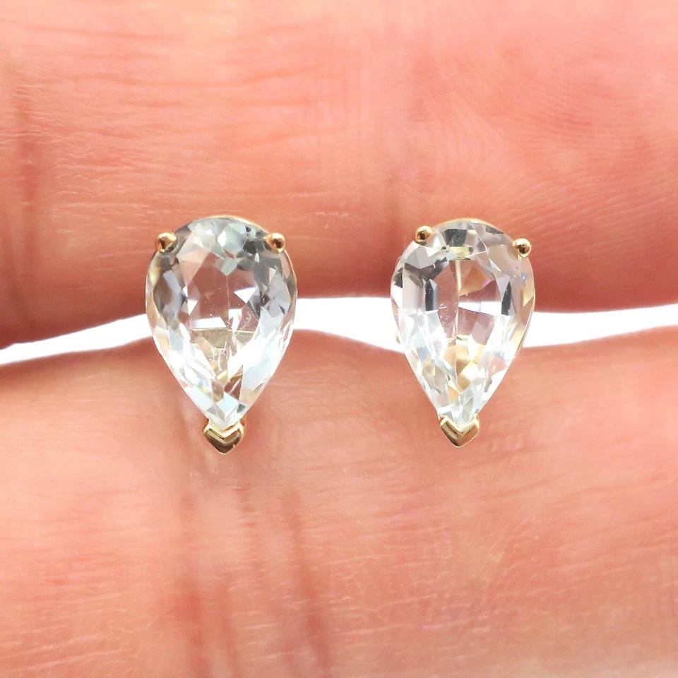 Aretes de oro amarillo macizo de 14 k con forma de pera natural de 3 quilates aguamarina Foto 1 de 4