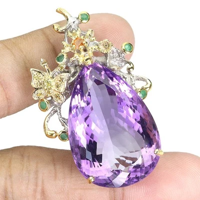 Colgante de plata de ley 925 pera amatista 64 quilates esmeralda hecha a mano joyas de piedras preciosas Foto 1 de 4