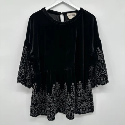 Camisa Top Túnica Savanna Jane Grande Bordada Negra Elastizada Terciopelo Bruja Gótica Foto 1 de 4