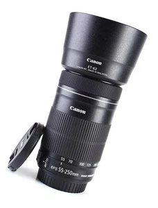 Canon EF-S 55-250mm IS STM F4-5.6 AF Zoom Lens Front & Rear Lens Caps & Hood - Picture 1 of 16