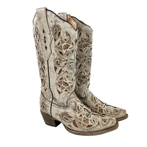 Corral Cross Inlay Western Boots Womens 6 M Foil Glitter and Rhinestone Taupe - Picture 1 of 13